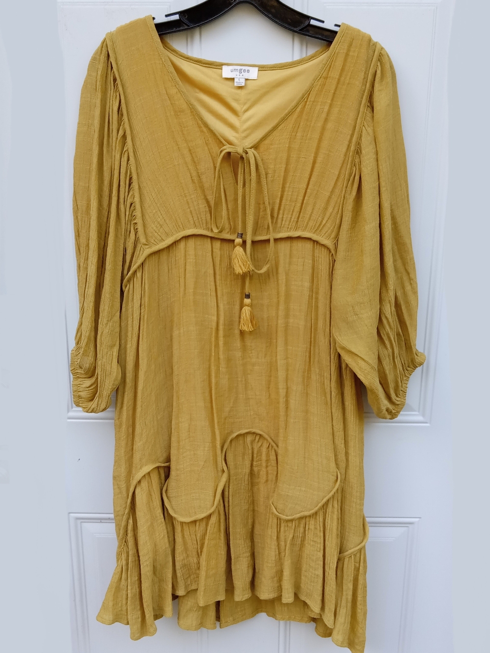 Umgee Mustard Tassel Tie Gauze Midi Dress Size Large